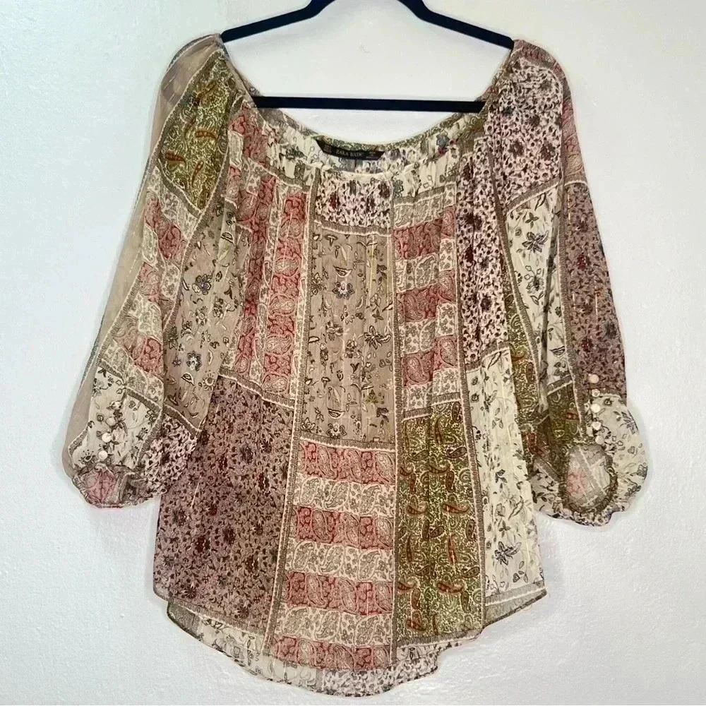 Zara Off The Shoulder Semi sheer Peasant Patchwork Paisley Pattern Blouse Sz L